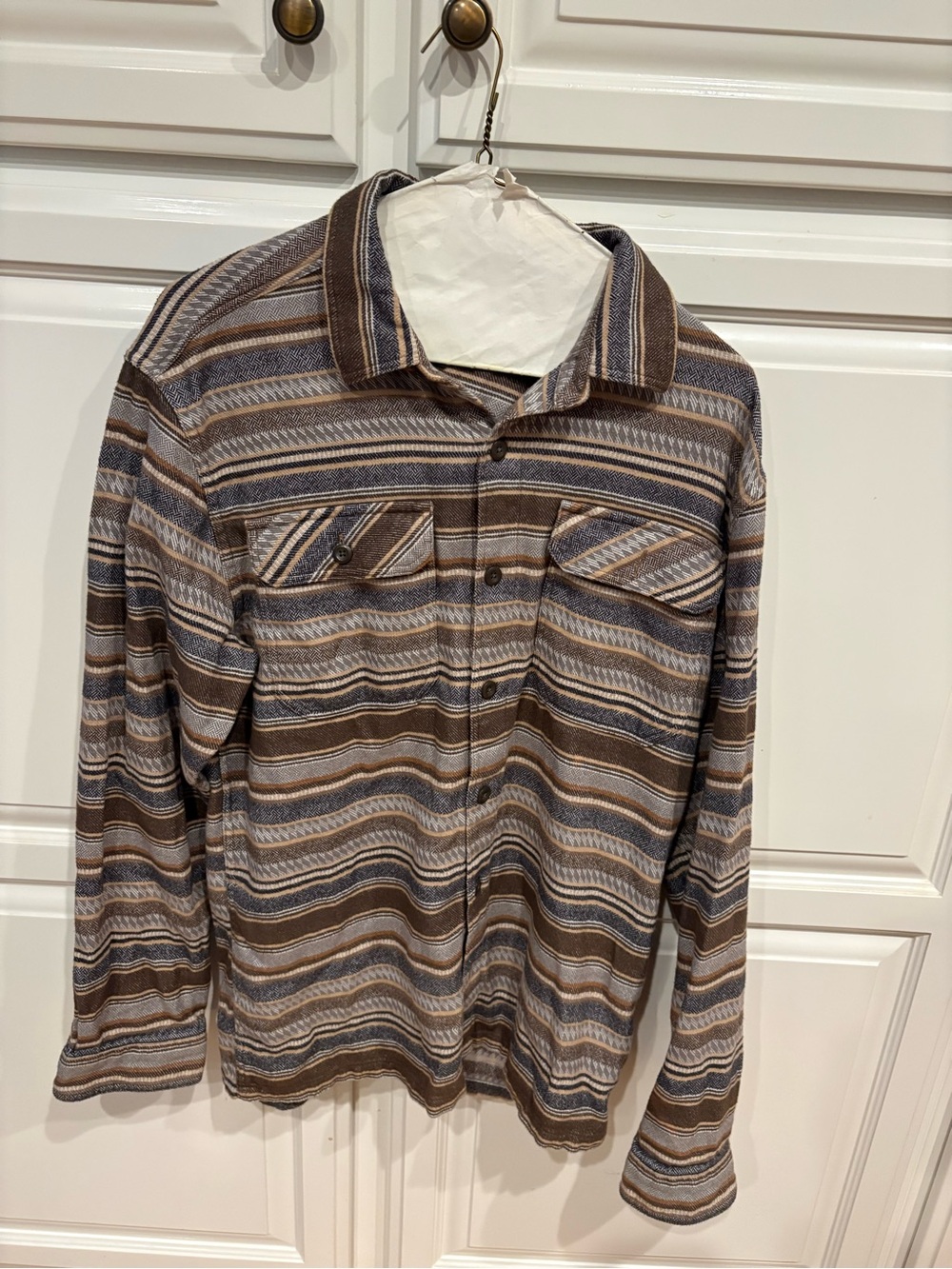 Patagonia Brown and Blue Striped Long-Sleeve Shirt size small